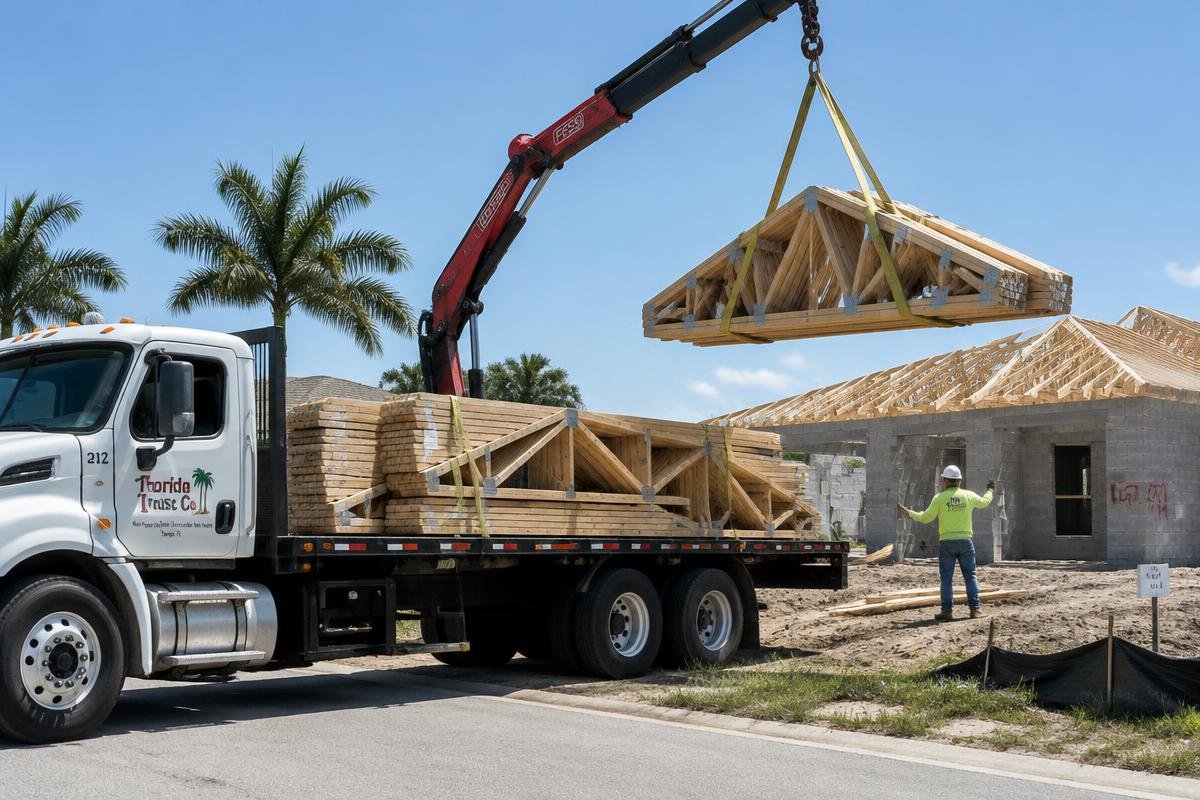 US National Truss delivering engineered wood roof trusses by crane to a Treasure Coast job site in Port St. Lucie, Vero Beach and Stuart, Florida (illustrative image)