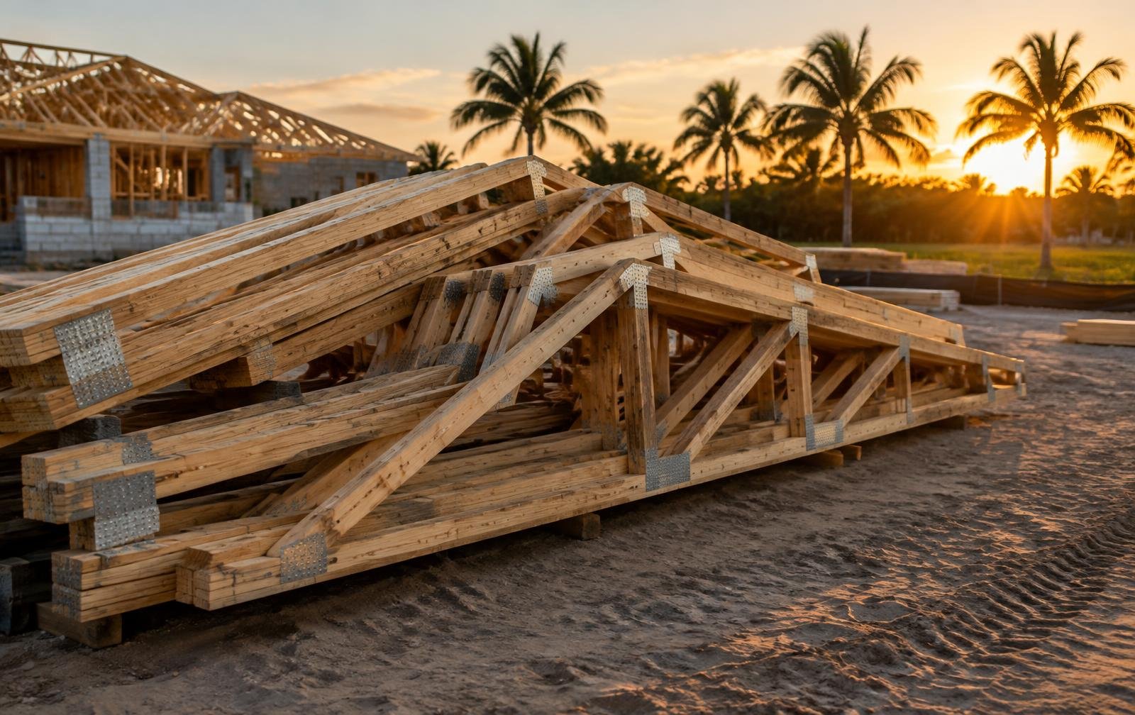 Stacked engineered wood roof trusses at a Florida job site at sunset — US National Truss, Fort Pierce truss manufacturer (illustrative image)