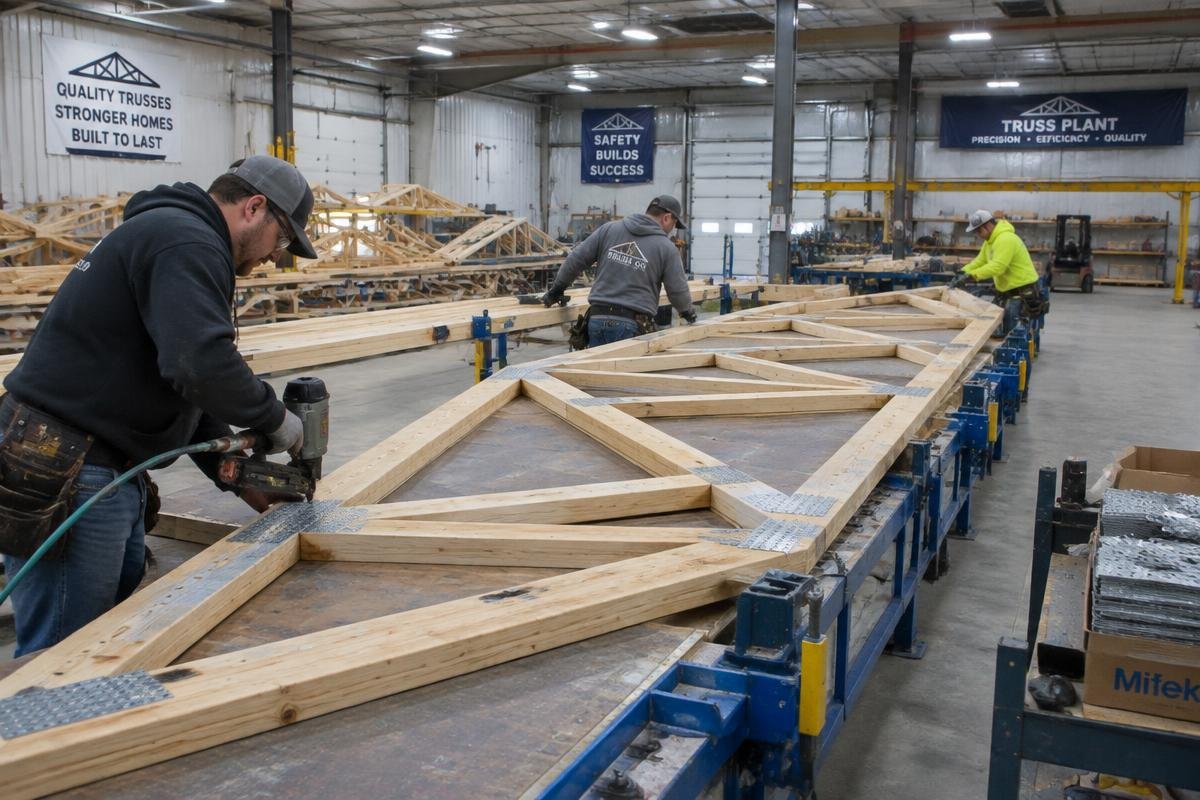 Workers assembling custom wood roof trusses at US National Truss in Fort Pierce, Florida (illustrative image)